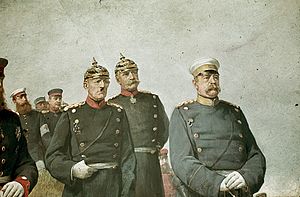 Prussian (and later German) Chancellor Otto von Bismarck, right, with General Helmuth von Moltke the Elder, left, and General Albrecht von Roon, centre. Although Bismarck was a civilian politician and not a military officer, he wore a military uniform as part of the Prussian militarist culture of the time. From a painting by Carl Steffeck. Carl Steffeck-Reille1884,Ruhmeshalle-3.JPG