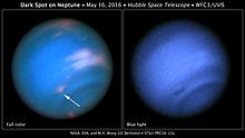 Dark spot on Neptune full color (left) and blue light (right) in a 2016 photo. Dark spot on Neptune.jpg