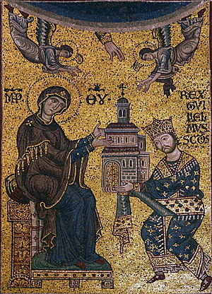 King William II (the Good) offering the Monreale Cathedral to the Virgin Mary. Dedication mosaic - Cathedral of Monreale - Italy 2015 (crop).JPG