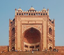 Buland Darwaza, Fatehpur Sikri, was built by Akbar the Great to commemorate his victory. Fatehput Sikiri Buland Darwaza gate 2010.jpg
