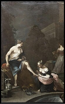 Il presente dipinto (olio su tela), conosciuto sotto la denominazione di Bagno di Susanna, vanta una illustre provenienza signorile e una tradizionale attribuzione a Goya in base a una firma che però poi si è dimostrata apposta tardivamente sulla pittura primitiva. Il dipinto tuttavia, ad un attento esame dei pigmenti eseguito dallo Studio del Prof. Enrique Parra Grego, si è dimostrato originale del seconda metà del settecento e quindi compatibile cronologicamente con l’attività del grande pittore aragonese. La denominazione Bagno di Susanna del dipinto, datagli dagli studiosi che lo avevano finora descritto, appare del tutto errata perché nella rappresentazione dell’episodio biblico che porta questo nome di norma alla bagnante si accompagnano due vecchioni intenti a guardare e ad insidiare la virtù della giovane donna, l’episodio viene pertanto denominato e rappresentato come “Susanna e i Vecchioni”. Però in questa scena i due vecchi viziosi non compaiono affatto. Ad assistere invece allo svolgersi del bagno della giovane donna, da identificarsi con Betsabea, sta in alto a destra sul terrazzo del grande palazzo retrostante la figura del re Davide, che, in verità per la sua lontananza, nel presente dipinto appare minuscola e si vede appena, ma quel tanto che basta per identificare la scena rappresentata in questa composizione come Betsabea al bagno, ovvero per quella denominata tradizionalmente come Davide e Betsabea. Il dipinto in questione appartiene quindi a quel filone mitologico e biblico che Goya eseguì solo due volte nella sua carriera matura, ma che invece fu oggetto della sua produzione giovanile e quasi esclusivamente nel suo periodo italiano, come ad esempio scene mitologiche tipo Perseo pietrifica Fineo e i suoi compagni, Il Sacrificio di Ifigenia o bibliche.