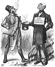 Political caricature of the Land War, depicting a landlord begging for rent. Irish landlord begging for rent.jpg