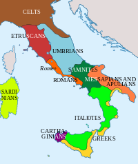 Ethnic groups of Italy (as defined by today's borders) in the 4th century BC. Italy 400bC en.svg