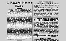 Advertisement in the left column, appearing in issue 7, volume 6 of The Vegetarian Magazine JHowardMooresBooksAdvertisement.jpg