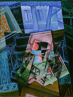 Juan Gris, 1915, Zátiší před otevřeným oknem, Place Ravignan, olej na plátně, 15,9 x 88,9 cm, Philadelphia Museum of Art. Sbírku Grisových obrazů Pierra Faure (26) koupil Léonce Rosenberga v letech 1915 až 1927