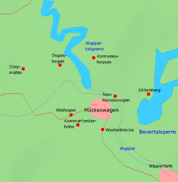 Karte von Hückeswagen mit den wichtigsten Ortsteilen