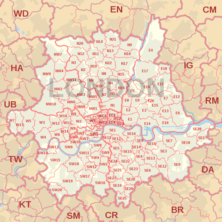 LONDON post town map, showing postcode districts, post towns and neighbouring postcode areas.