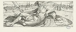Gravure rectangulaire au format paysage représentant un homme allongé devant Pont-à-Mousson à côté de la rivière de la Moselle
