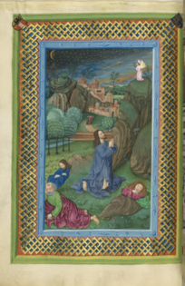 Le Christ au Mont des Oliviers. Missel de Salzbourg, t. II (1478-1489). Bibliothèque d'État de Bavière, Munich, Clm 15709, fol. 89r.