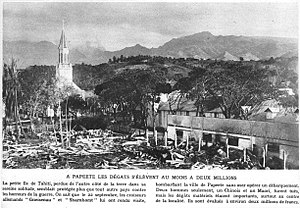 Ruined bombed out buildings near a church in Papeete after the bombardment.