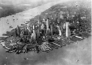 Aerial view of the tip of Manhattan, New York,...