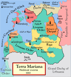 Livland (Terra Mariana) omkring 1260. Ärkebiskopsdömet Riga markerat i gult.
