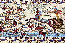 The Hyksos were an ancient people who drove horses in chariots Modern loose interpretation at the The Pharaonic Village in Cairo of a Battle scene from the Great Kadesh reliefs of Ramses II on the Walls of the Ramesseum.jpg
