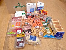 Contents of a food box supplied by supermarket Morrisons in response to the pandemic and described as sufficient to feed two adults for one week. Morrisons "meat eaters" basic food parcel to feed two people for one week.jpg