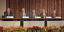 Nobel laureates of 2012 - Alvin E. Roth, Brian Kobilka, Robert J. Lefkowitz, David J. Wineland, and Serge Haroche - during the ceremony Nobel Prize winners 2012.jpg