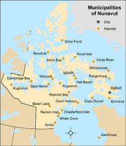 Карта с указанием местоположения всех муниципалитетов Нунавута