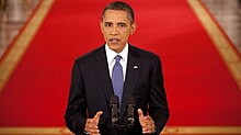 U.S. President Barack Obama announcing a drawdown of U.S. troops from Afghanistan on 22 June 2011 Obama speech on Afghanistan.jpg