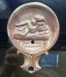 Male-female couple on an oil lamp (Romisch-Germanisches Museum) Oil lamp with couple performing Sex at the Romisch-Germanisches Museum Cologne.jpg