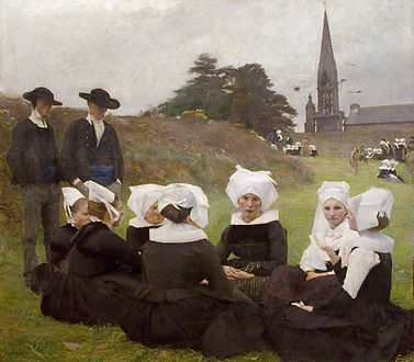 A painting by Pascal Dagnan-Bouveret (1852-1929) entitled "Les Bretonnes au pardon" which relates to the Rumengol pardon.