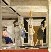 Particolare della Flagellazione di Piero della Francesca; secondo alcuni autori l'architettura dipinta è tratta dai disegni di Ciriaco dei Propilei di Atene