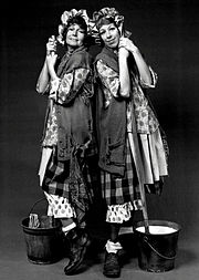 Burnett, as her well-known charwoman character, gets a hand from guest star Rita Hayworth in 1971. Rita Hayworth Carol Burnett Carol Burnett Show 1971.JPG