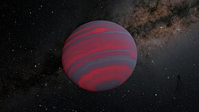 細い大気帯を持つ2MASS J0348-6022のような扁平な形状をした褐色矮星の想像図