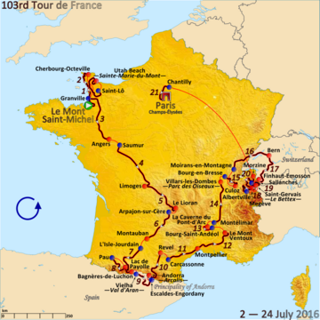 Map of France showing the showing the path of the race going counter-clockwise.