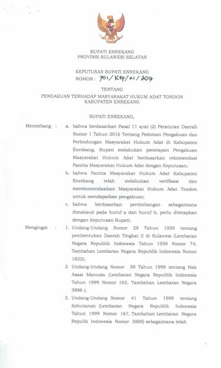 Surat Keputusan Bupati Enrekang Nomor 701/KEP/XI/2019 tentang Pengakuan terhadap Masyarakat Hukum Adat "Tondon" Kabupaten Enrekang