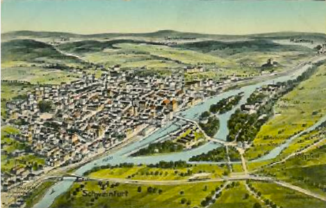 Schweinfurt mit Schweinfurter Rhön um 1910. Südlich des Mains (auf dem Bild rechts) das Schweinfurter Becken