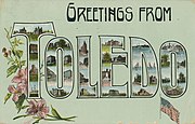 A postcard with "Greetings From Toledo" where the letters of the words contain images of the city
