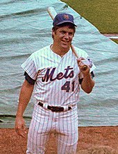 Tom Seaver, three-time Cy Young Award winner, led the Mets to victory in the 1969 World Series. He was inducted into the Hall of Fame in 1992. Tom Seaver at Shea Stadium 1974 CROP.jpg