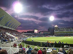 Interior view of Trent Bridge cricket stadium during a night-time game