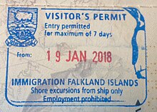 A visitor's permit valid for seven days for shore excursions only, issued to any visitor regardless of nationality. Visitor's Permit to the Falkland Islands for shore excursions from ship only.jpg