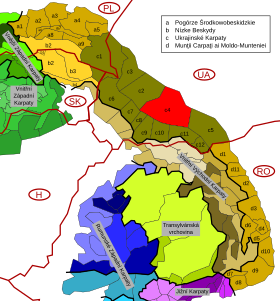 Carte de localisation des Gorgany (C4 en rouge) au sein des Carpates orientales extérieures (brun à jaune-ocre).