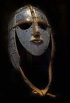 Replica of the Sutton Hoo helmet; the original was buried with an Anglo-Saxon leader, probably King Raedwald of East Anglia, c. 620-625 CE. 2008-05-17-SuttonHoo.jpg