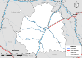 Carte du réseau routier national (autoroutes et routes nationales) dans le département de l'Indre.