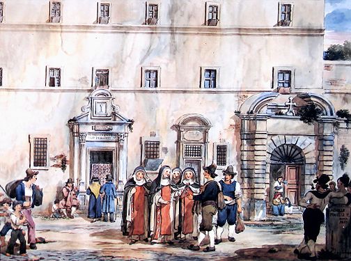 Santi Gioacchino e Anna alle Quattro Fontane, akvarell av Achille Pinelli från år 1834. Den vänstra portalen leder in till kyrkan, medan den högra leder in till colleget.