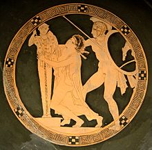 Ajax the Younger violates Cassandra's sanctuary at the Palladium: tondo of an Attic cup, ca. 440-430 BCE Aias Kassandra Louvre G458.jpg