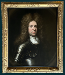 bust-length painted portrait of a clean-shaven man wearing a shoulder-length wig and clad in armour