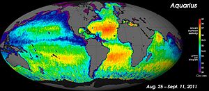 Ocean Salinity Map developed with Aquarius' first light data AquariusFirstImage.jpg