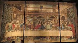 Килим «Таємна вечеря» з використнням композиції Леонардо з відомої фрески монастиря у Мілані та суттєвими змінами на тлі, Ватиканська пінакотека, Рим