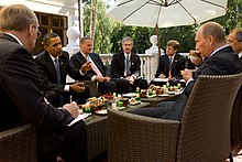 Barack Obama meets with Prime Minister Putin outside Moscow, July 7, 2009 Barack Obama and Prime Minister Vladimir Putin.jpg