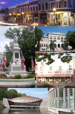 Clockwise, from top: Downtown Bentonville, Benton County Courthouse, سام والتون's وال‌مارت، Crystal Bridges Museum of American Art, and the Confederate Soldier Monument