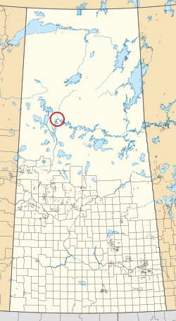 A map of the province of Saskatchewan showing 297 rural municipalities and hundreds of small Indian reserves. One is highlighted with a red circle.