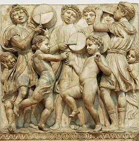 Muchachos tocando instrumentos — Ilustración del Salmo 150 perteneciente a la antigua cantoria de la catedral de Florencia.