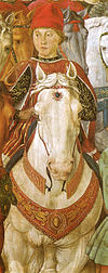 Sforza was himself depicted in the chapel's fresco. Cappella dei magi, galeazzo maria sforza (dx).jpg