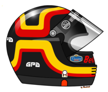 Illustration (créée par Rundvald) du casque intégral du regretté Pilote de Formule 1 allemand Stefan Bellof, Champion du monde des voitures de sport 1984. C'est le modèle SJ (Sans Jugulaire) de la marque française GPA. Le design du casque a été créé en 1982 aux couleurs du drapeau allemand, par Angelika Langner, la petite amie du pilote.