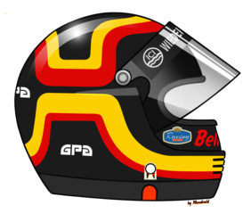 Helm van Stefan Bellof. Het ontwerp is gemaakt in 1982 in de kleuren van de Duitse vlag door Angelika Langner, de vriendin van de coureur.