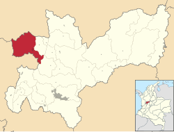 Location of the municipality and town of Riosucio, Caldas in the Caldas Department of Colombia.