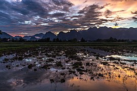 Ciel coloré avec des nuages orange et gris lumineux se reflétant dans l'eau d'une rizière, et des montagnes au crépuscule, pendant la mousson, dans la campagne de Vang Vieng.